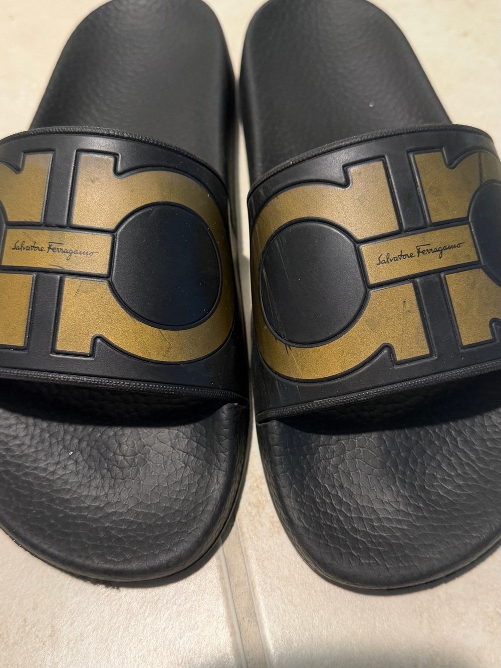 Salvatore Ferragamo Black and Gold Slide Sandals men’s 8 women’s 9.5